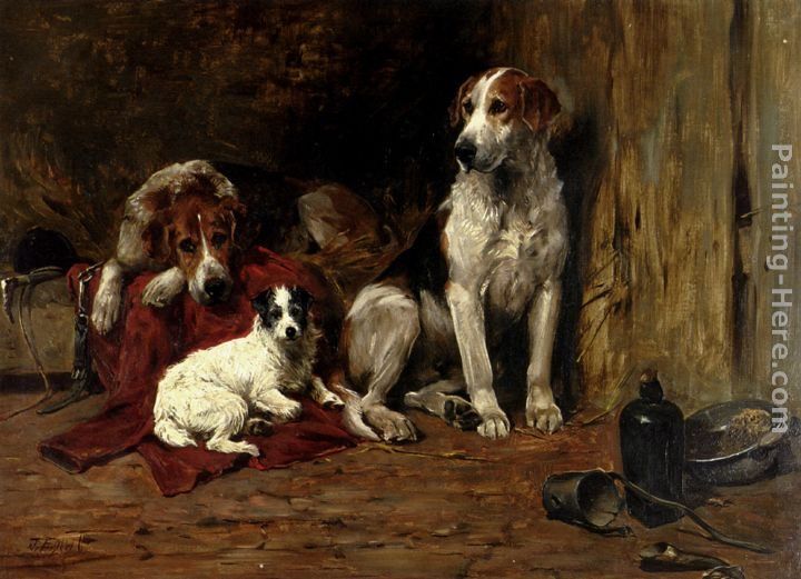 John Emms Hounds And A Jack Russell In A Stable